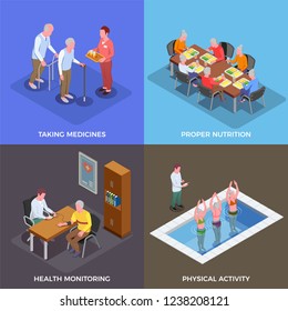 Nursing home  2x2 design concept set of taking medicines proper nutrition health monitoring physical activity square compositions isometric vector illustration