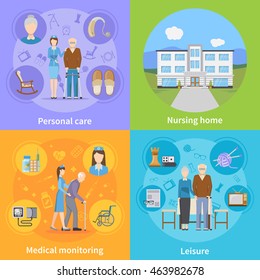 Nursing home 2x2 design concept with personal elderly care medical monitoring and pensioners leisure compositions flat vector illustration