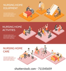 Nursing home 3 horizontal infographic elements isometric banners set with equipment and daily activities isolated vector illustration 