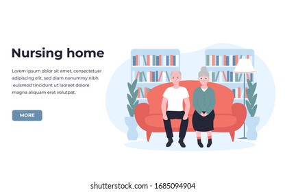 Nursing home, boarding house, guesthouse concept. Сare and treatment for the elderly people. Flat vector cartoon modern illustration for banner, poster, app, template, layout. 