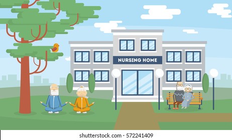 Nursing home building exterior. health care for old and sick people. Center for retired people.