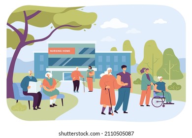 Nursing home building and visitors with elderly people. Group of seniors on walk with caregivers or nurses flat vector illustration. Treatment, elderly care, health concept for banner or landing page