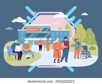 Nursing home building and visitors with elderly people. Group of seniors on walk with caregivers or nurses flat vector illustration. Treatment, elderly care, health concept for banner or landing page