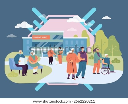 Nursing home building and visitors with elderly people. Group of seniors on walk with caregivers or nurses flat vector illustration. Treatment, elderly care, health concept for banner or landing page