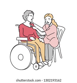 Nursing home care vector concept. in-home care worker vector character. Helper and companion for old woman in weelchair vector illustration. Nurse monitoring the patient's condition.