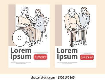Nursing home care vector concept. in-home care worker vector character. Helper and companion for old woman in weelchair vector illustration. Nurse monitoring the patient's condition.