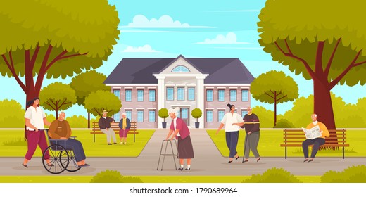 Nursing Home Center For Retired People. Nursing Home Building Exterior. Health Care For Old And Sick People. Elderly Characters Are Walking In Park With Green Lawns And Trees, Sitting On Bench Talking