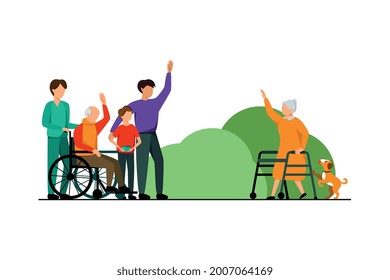 Nursing home characters concept an elderly woman greets visitors of her acquaintance vector illustration