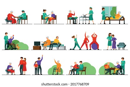 Nursing home characters icon set with help for the elderly and the bed-ridden as well as a variety of entertainment and sports activities vector illustration