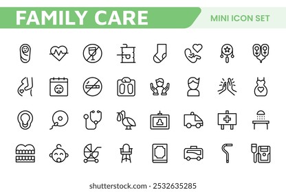 Nursing Home and Child Care Icon Set. Compassionate icons for elder care, child safety, and support services, perfect for healthcare apps, brochures, and care center branding.