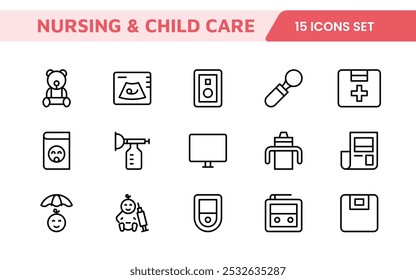 Nursing Home and Child Care Icon Set. Compassionate icons for elder care, child safety, and support services, perfect for healthcare apps, brochures, and care center branding.