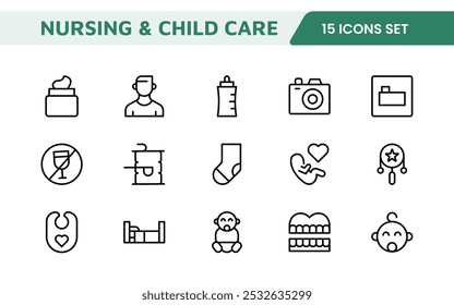 Nursing Home and Child Care Icon Set. Compassionate icons for elder care, child safety, and support services, perfect for healthcare apps, brochures, and care center branding.