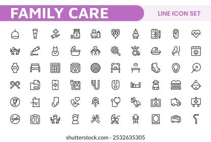Nursing Home and Child Care Icon Set. Compassionate icons for elder care, child safety, and support services, perfect for healthcare apps, brochures, and care center branding.