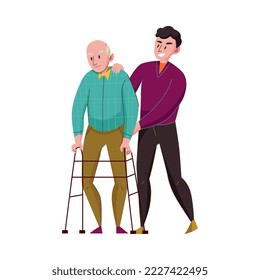 Nursing home composition with doodle style characters of volunteers elderly disables people vector illustration