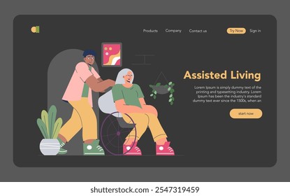 Nursing home concept. Elderly woman in a wheelchair assisted by a nurse within a caring facility environment. Comfort and support in senior care. Vector illustration.