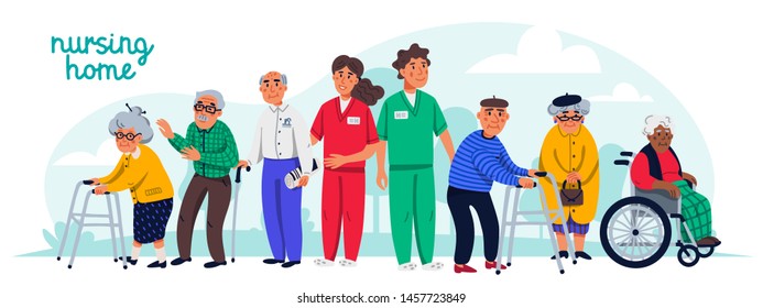 Nursing home concept. Group of elderly people and social workers. Horizontal banner or cover. Senior people healthcare assistance flat Vector illustration