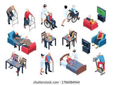 Nursing home elderly care isometric set with staff assisting residents with meals walking playing chess vector illustration 