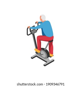 Nursing home elderly care isometric composition with senior person practicing on exercise bicycle vector illustration