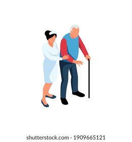 Nursing home elderly care isometric composition with staff member helping senior man to walk vector illustration