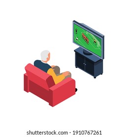 Nursing home elderly care isometric composition with elderly person sitting in armchair watching tv vector illustration