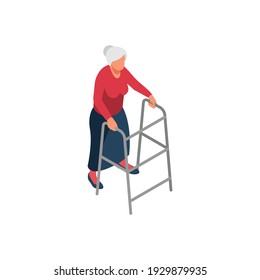 Nursing home elderly care isometric composition with elderly man character with walking aid vector illustration