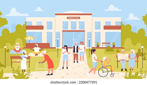 Nursing home and elderly patients vector illustration. Cartoon happy nurses helpers and senior people walk in park near building exterior of hospital, sanatorium or rehabilitation center background