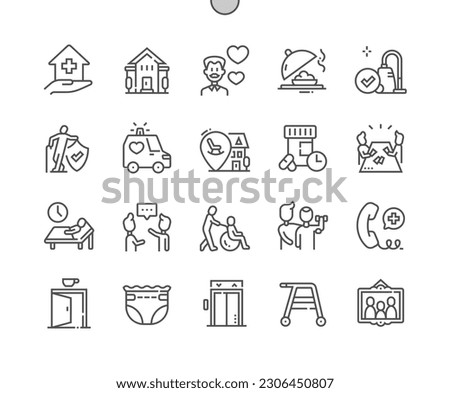 Nursing home. Elderly people. Disabled care. Ambulance, special diet, cafeteria, diaper. Pixel Perfect Vector Thin Line Icons. Simple Minimal Pictogram