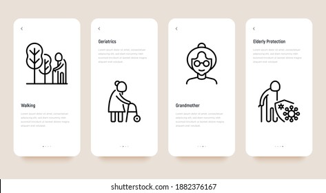 Nursing home for elderly people mobile user interface with thin line icons. Assisted living for disabled. Long-term service. Pixel perfect, editable stroke. Vector illustration.