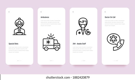 Nursing home for elderly people mobile user interface with thin line icons. Assisted living for disabled, help and support. Long-term service. Pixel perfect, editable stroke. Vector illustration.