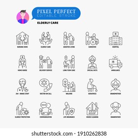 Nursing home for elderly people thin line icons set. Assisted living for disabled, volunteers help and support. Long-term service. Pixel perfect, editable stroke. Vector illustration.