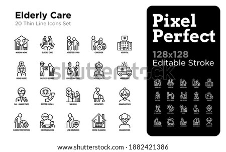 Nursing home for elderly people thin line icons set. Assisted living for disabled, volunteers help and support. Long-term service. Pixel perfect, editable stroke. Vector illustration.