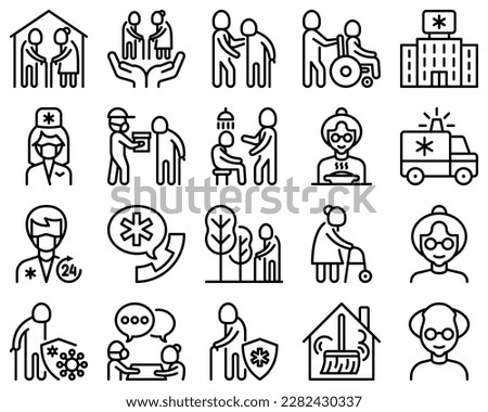 Nursing home for elderly people thin line icons set. Assisted living for disabled, volunteers help and support. Long-term service. Vector illustration.