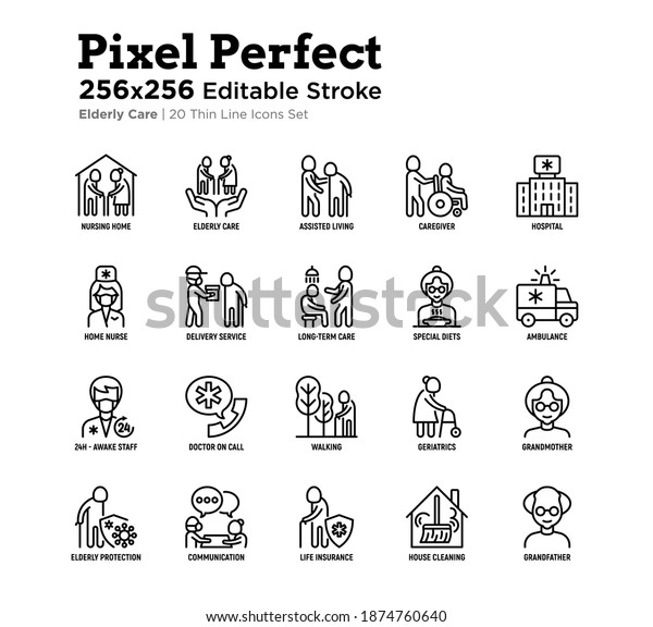 Nursing\
home for elderly people thin line icons set. Assisted living for\
disabled, volunteers help and support. Long-term service. Pixel\
perfect, editable stroke. Vector\
illustration.