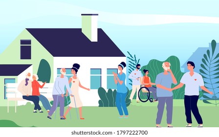 Nursing Home. Elderly People Walking Backyard With Volunteers And Nurse. Pension House In Suburb Landscape. Happy Old Woman Man Outdoor In Sunny Day Vector Illustration