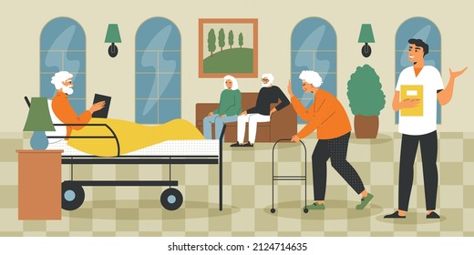 Nursing home flat background with doctor monitoring disabled patients and elderly people at leisure and routine life vector illustration