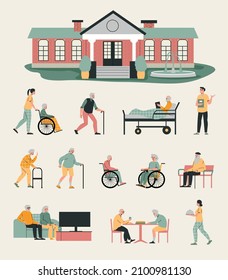 Nursing home flat color set of with residents meeting indoor and outdoor for communication and leisure isolated vector illustration