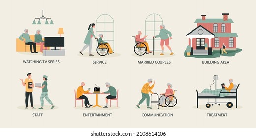 Nursing home flat color set with staff married coupled treatment communication entertainment watching tv isolated compositions vector illustration