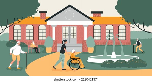 Nursing home flat composition with elderly persons and invalids walking near social house for senior vector illustration