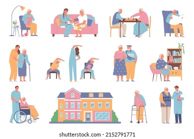 Nursing home flat icons set with pensioner and helping staff isolated vector illustration