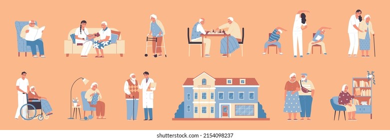 Nursing home flat icons set with medical assistance and volunteer support isolated vector illustration