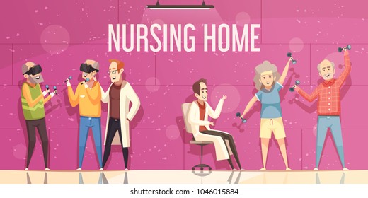 Nursing home flat vector illustration with  doctors looking for elderly people engaged in physical exercises and amusement 