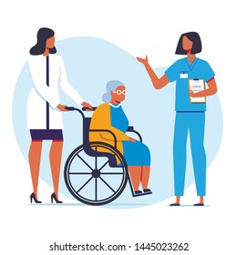 Nursing Home, Hospital Flat Vector Illustration. Doctor, Nurse and Old Lady in Wheelchair Cartoon Characters. Elderly People, Invalids Care, Disabled Help. Medical Staff, Physician and Intern