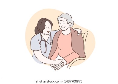 Nursing home, hospital, hospice, rehabilitation concept. Happy old woman holding hands with nurse together. The doctor in the clinic takes care, helps and supports patients. Simple flat vector.