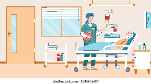 Nursing Home Or Hospital Ward Room Interior With Elderly Patient And Doctor Characters, Flat Cartoon Vector Illustration. Patient Getting Treatment In Clinic.