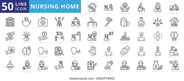 Nursing home icon set with elderly care, disabled, nurse, emergency, medical, hospital, responsibility and caring.