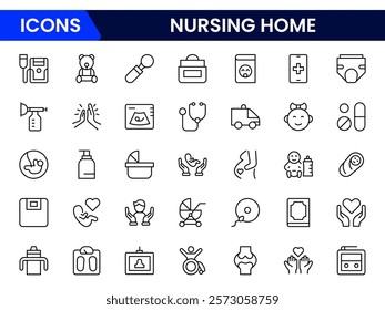 Nursing home icon set with elderly care, disabled, nurse, emergency, medical, hospital, responsibility and caring.