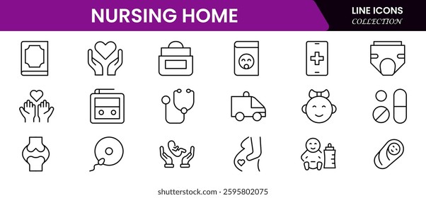 Nursing home icon set with elderly care, disabled, nurse, emergency, medical, hospital, responsibility and caring.