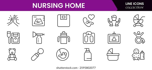 Nursing home icon set with elderly care, disabled, nurse, emergency, medical, hospital, responsibility and caring.