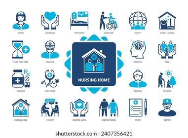 Juego de iconos de enfermería en casa. Atención a largo plazo, Personas Mayores, Atención Médica, Demencia, Terapia, Medicina, Cuidados, Vida Asistida. Iconos sólidos de color Duotone