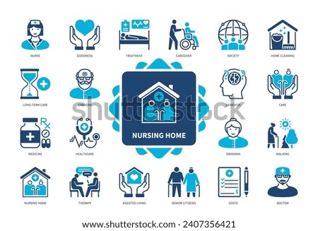 Nursing Home icon set. Long-Term Care, Senior Citizens, Healthcare, Dementia, Therapy, Medicine, Caregiver, Assisted Living. Duotone color solid icons